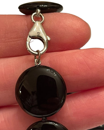 Stunning high quality large heavy Black onyx disk bead sterking silver necklace