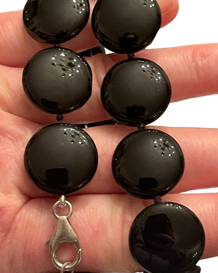 Stunning high quality large heavy Black onyx disk bead sterking silver necklace