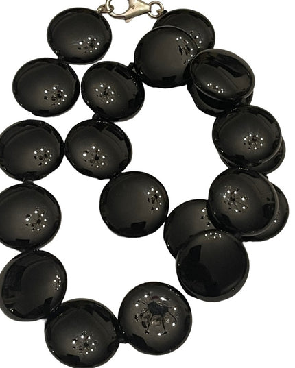 Stunning high quality large heavy Black onyx disk bead sterking silver necklace