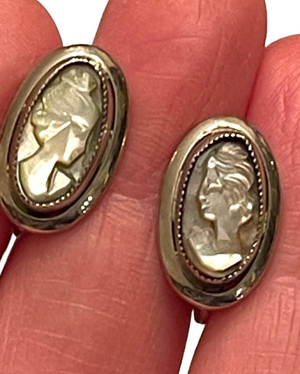 Vintage sterling silver Sarah Coventry Abalone CAMEO screw back earrings 925