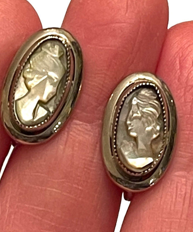 Vintage sterling silver Sarah Coventry Abalone CAMEO screw back earrings 925