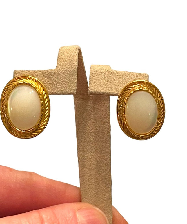 Stunning FAC Butler fancy gold plt MOP oval pierced earrings