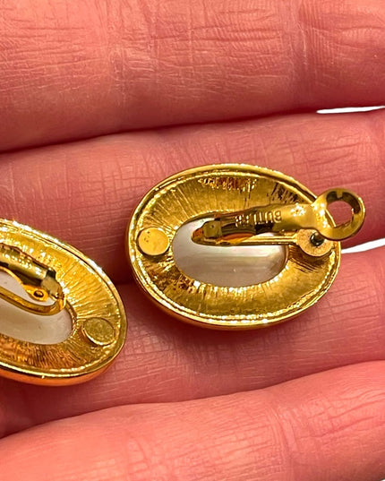 Stunning FAC Butler fancy gold plt MOP oval pierced earrings