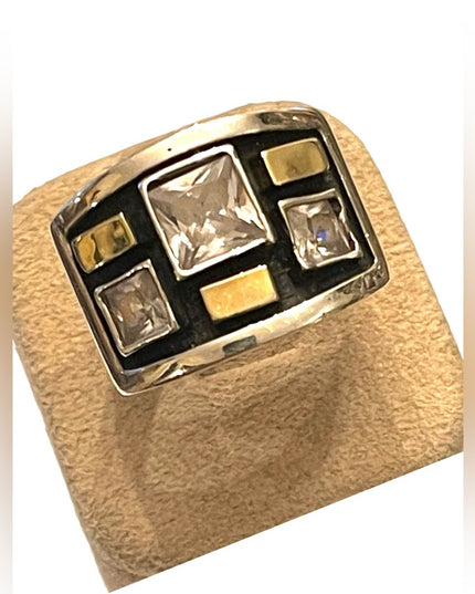 Stunning handmade 9k gold accent 925 Sterling Israel fancy CZ cigar band ring