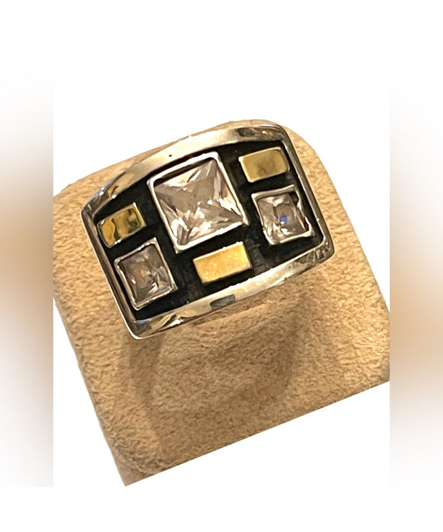 Stunning handmade 9k gold accent 925 Sterling Israel fancy CZ cigar band ring