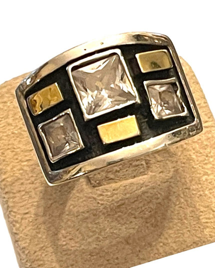 Stunning handmade 9k gold accent 925 Sterling Israel fancy CZ cigar band ring