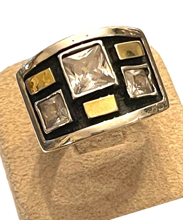 Stunning handmade 9k gold accent 925 Sterling Israel fancy CZ cigar band ring