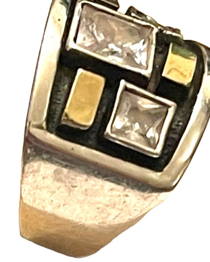Stunning handmade 9k gold accent 925 Sterling Israel fancy CZ cigar band ring