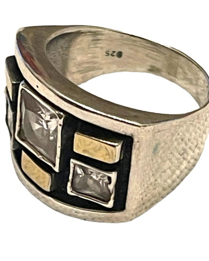 Stunning handmade 9k gold accent 925 Sterling Israel fancy CZ cigar band ring
