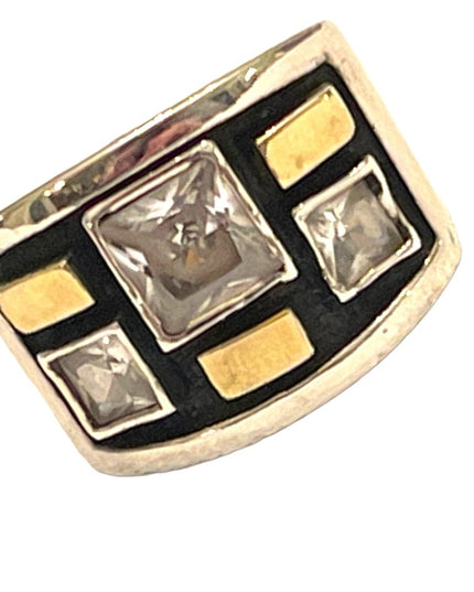 Stunning handmade 9k gold accent 925 Sterling Israel fancy CZ cigar band ring