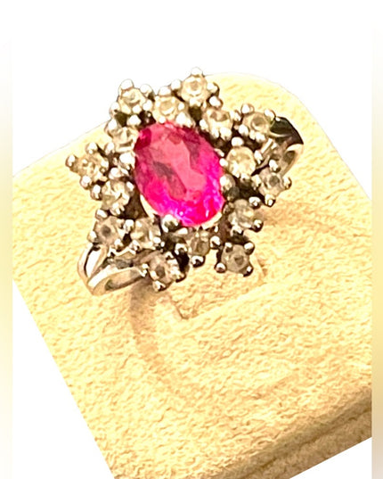 Vintage Simulated Pink sapphire CZ Fancy cluster dinner ring sterling silver 925