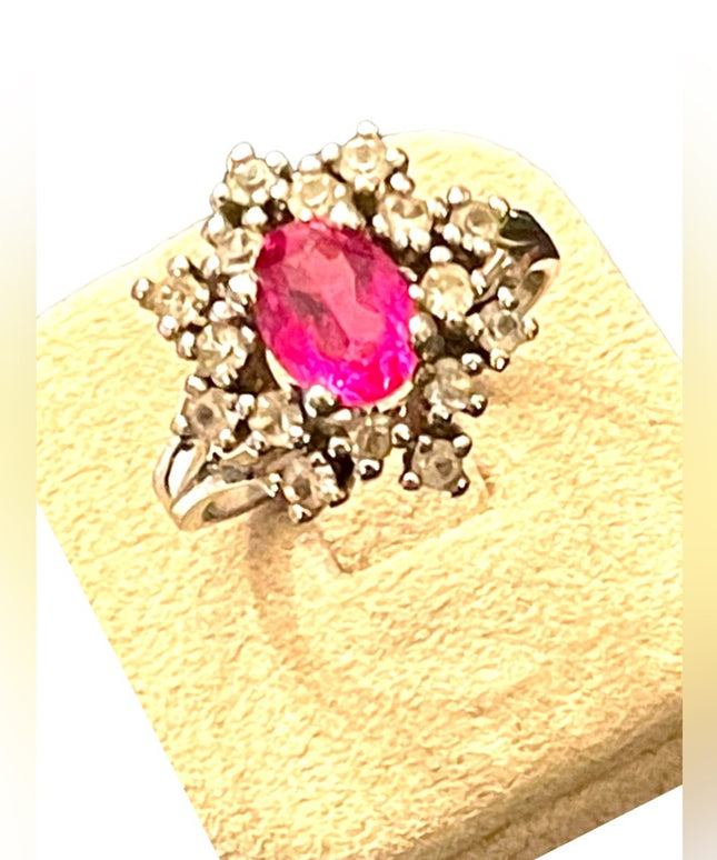 Vintage Simulated Pink sapphire CZ Fancy cluster dinner ring sterling silver 925
