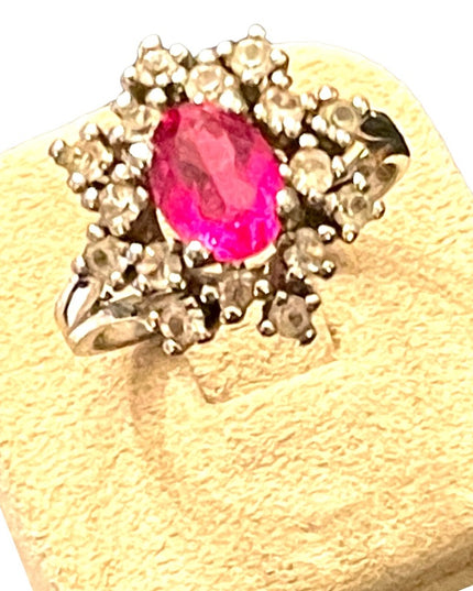 Vintage Simulated Pink sapphire CZ Fancy cluster dinner ring sterling silver 925