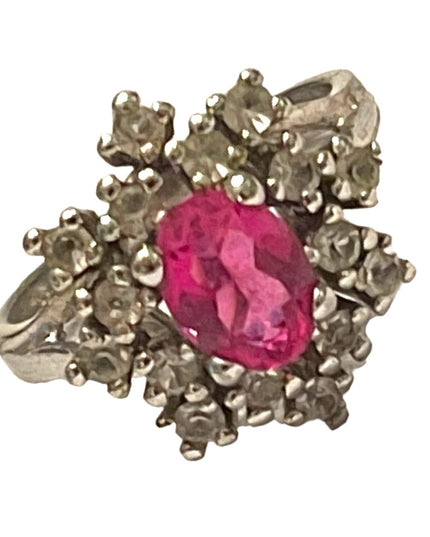 Vintage Simulated Pink sapphire CZ Fancy cluster dinner ring sterling silver 925