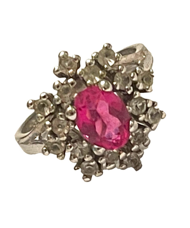 Vintage Simulated Pink sapphire CZ Fancy cluster dinner ring sterling silver 925