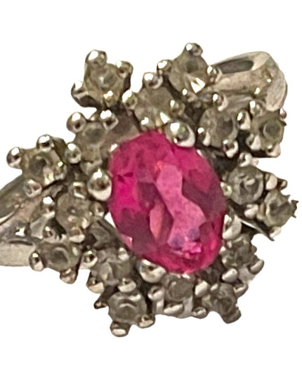 Vintage Simulated Pink sapphire CZ Fancy cluster dinner ring sterling silver 925
