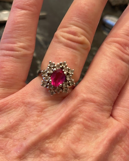 Vintage Simulated Pink sapphire CZ Fancy cluster dinner ring sterling silver 925