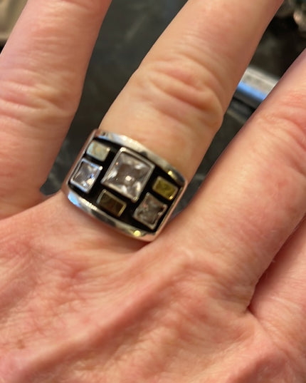 Stunning handmade 9k gold accent 925 Sterling Israel fancy CZ cigar band ring