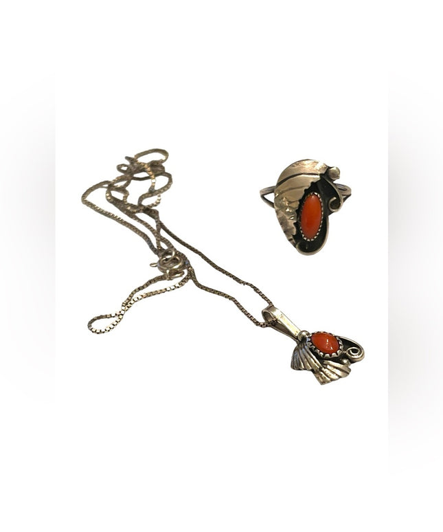 Vintage sterling silver Coral handmade Necklace & ring Navajo Southwestern SET