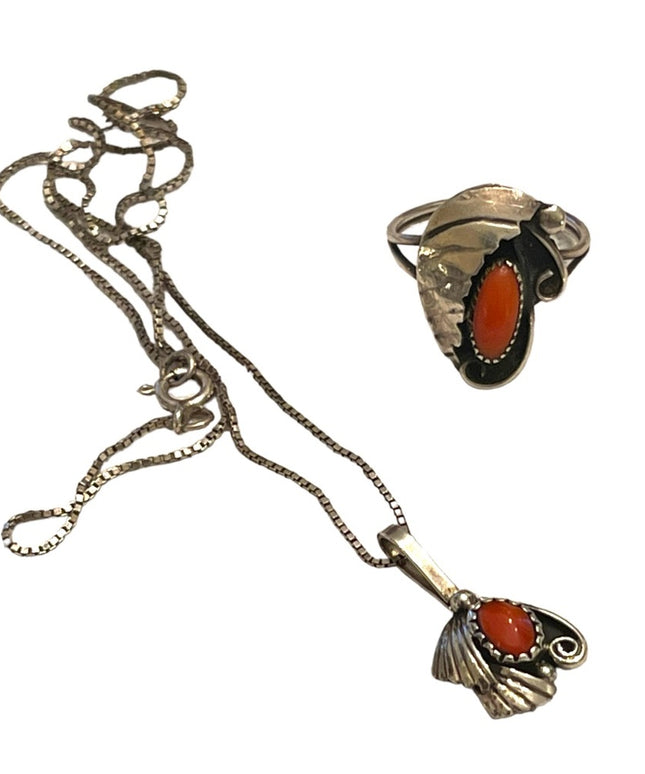 Vintage sterling silver Coral handmade Necklace & ring Navajo Southwestern SET