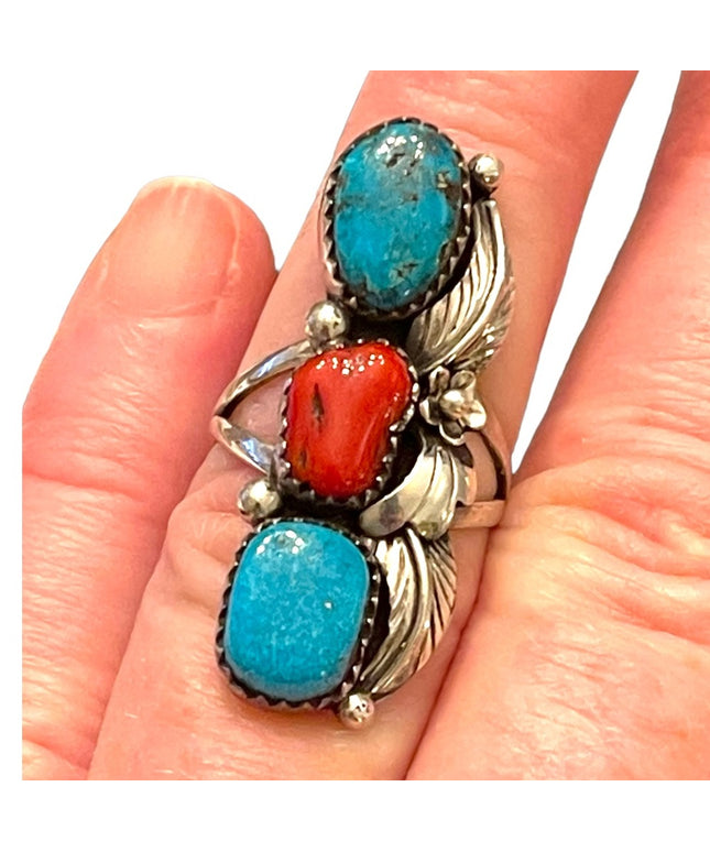Vintage Sterling silver 925 Navajo Old Pawn coral Turquoise ring Southwestern