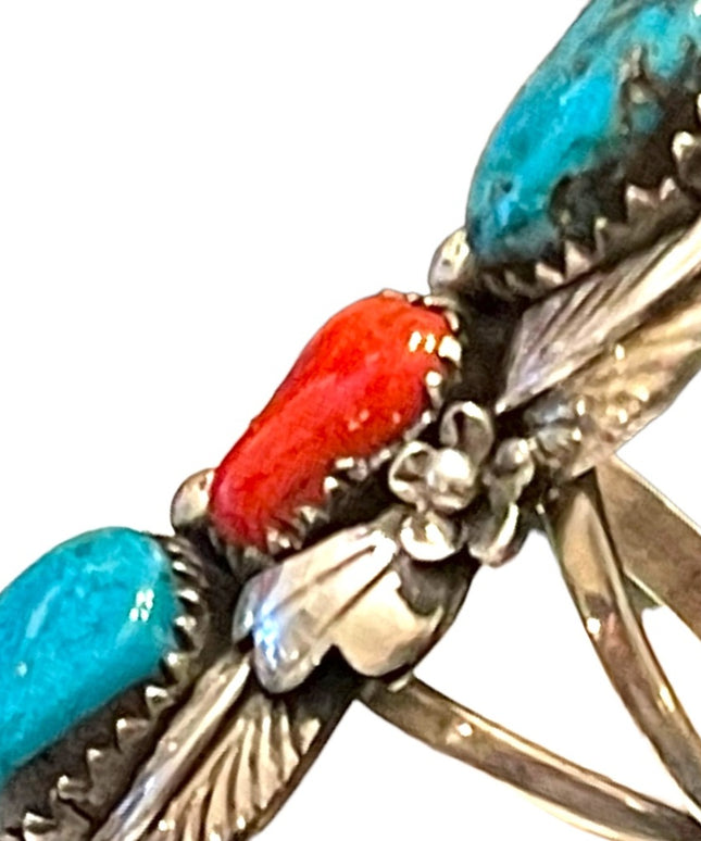 Vintage Sterling silver 925 Navajo Old Pawn coral Turquoise ring Southwestern