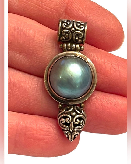 Stunning Blue Mabe Pearl Sterling silver 925 FNA Italy Bali style pendant