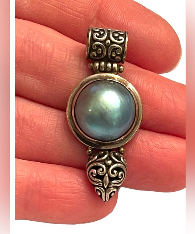 Stunning Blue Mabe Pearl Sterling silver 925 FNA Italy Bali style pendant