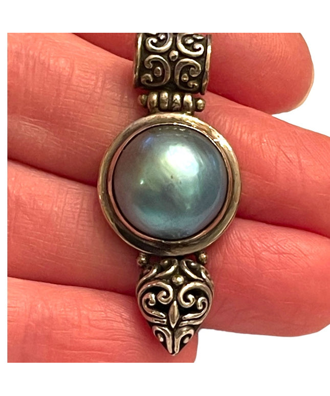 Stunning Blue Mabe Pearl Sterling silver 925 FNA Italy Bali style pendant