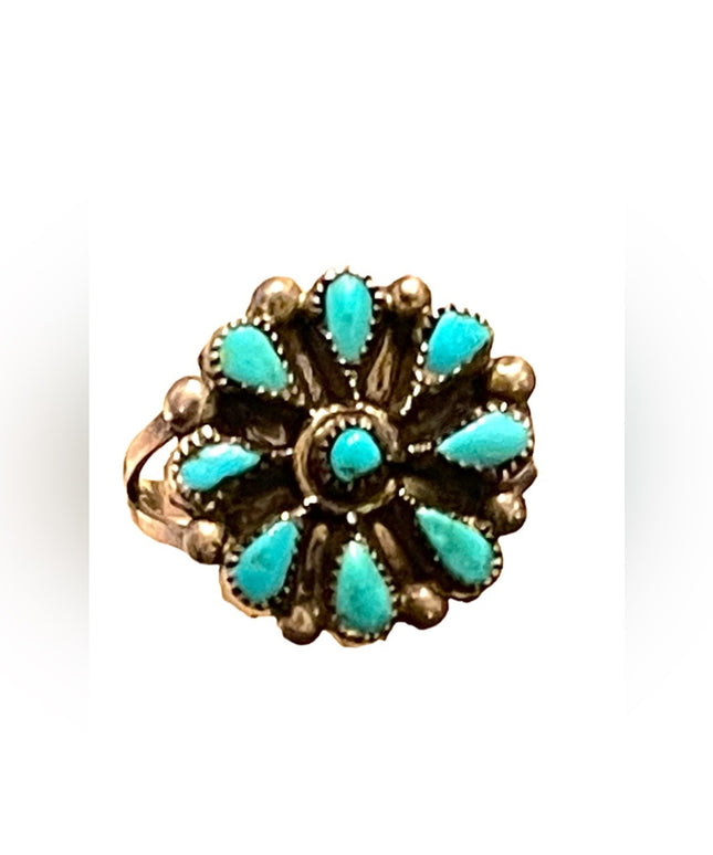 Vintage Southwestern Artisan Handmade turquoise silver flower ring