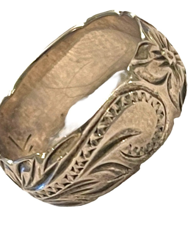 Vintage 1970s Sterling silver 925 flower etched handmade Southwestern band ring