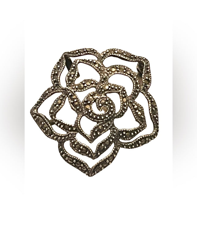 Vintage Black oxidized Sterling silver marcasite 925 flower brooch pendant