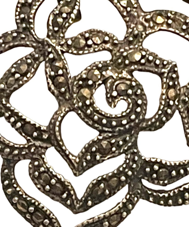 Vintage Black oxidized Sterling silver marcasite 925 flower brooch pendant