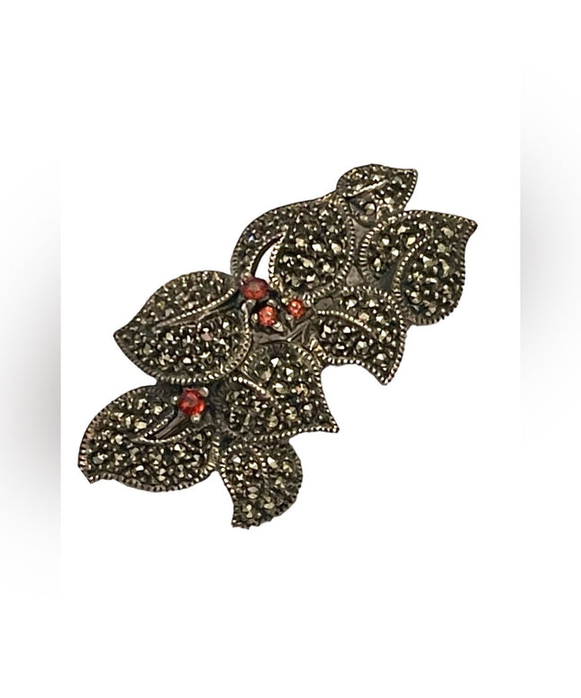 Vintage sterling silver 925 Black oxidized marcasite garnet flower brooch