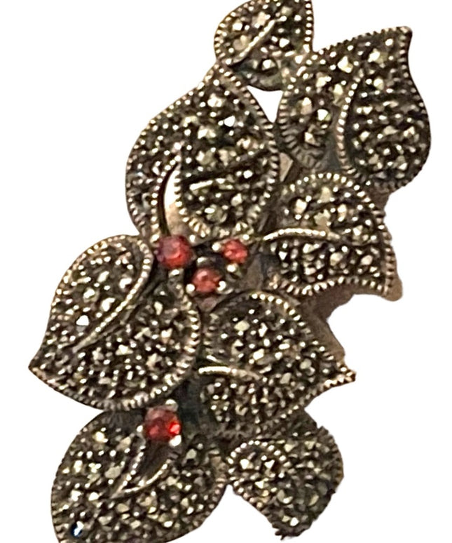 Vintage sterling silver 925 Black oxidized marcasite garnet flower brooch