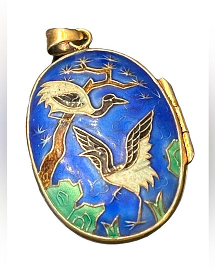 Antique Silver Chinese export Cloissone Birds of paradise enameled locket RARE