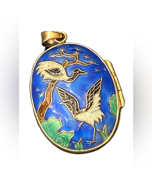 Antique Silver Chinese export Cloissone Birds of paradise enameled locket RARE