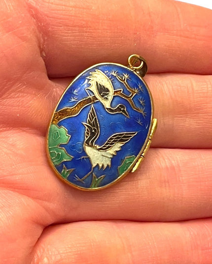 Antique Silver Chinese export Cloissone Birds of paradise enameled locket RARE