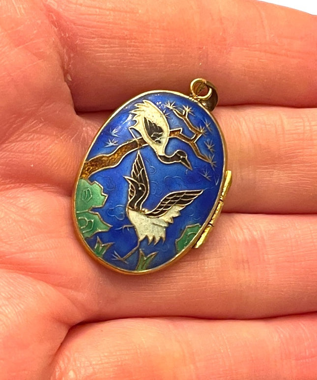 Antique Silver Chinese export Cloissone Birds of paradise enameled locket RARE