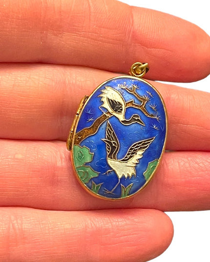 Antique Silver Chinese export Cloissone Birds of paradise enameled locket RARE