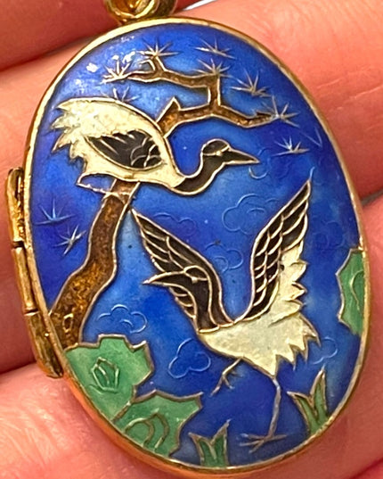 Antique Silver Chinese export Cloissone Birds of paradise enameled locket RARE