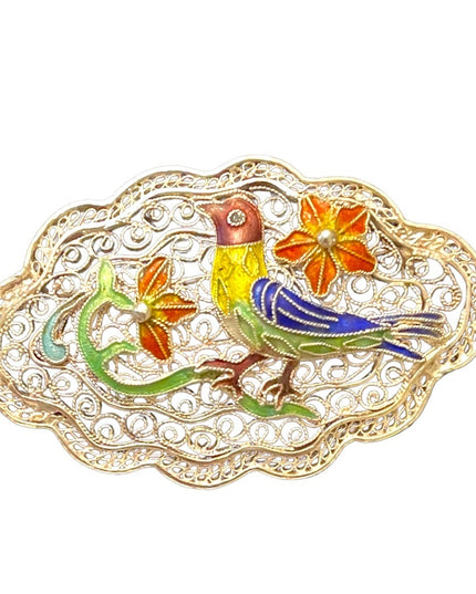 Antique Silver Chinese export filagree cloissone Bird brooch enameled RARE