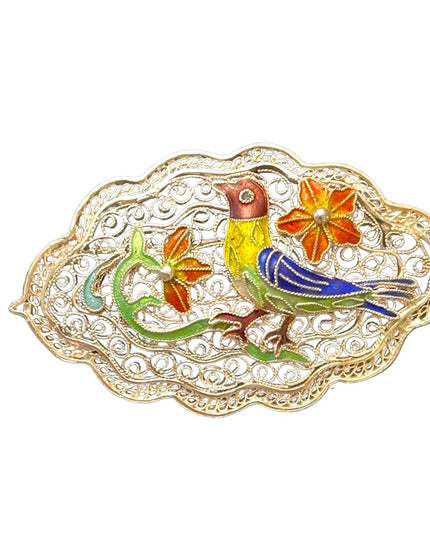 Antique Silver Chinese export filagree cloissone Bird brooch enameled RARE