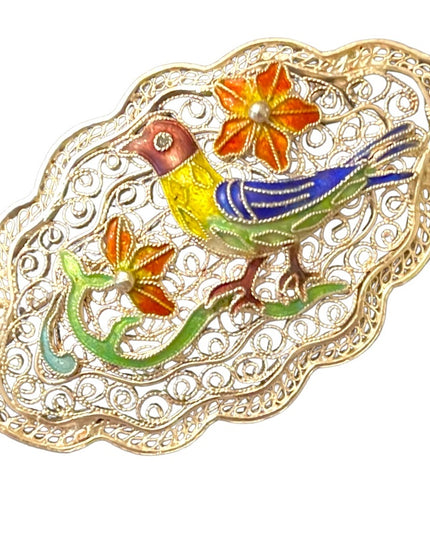 Antique Silver Chinese export filagree cloissone Bird brooch enameled RARE