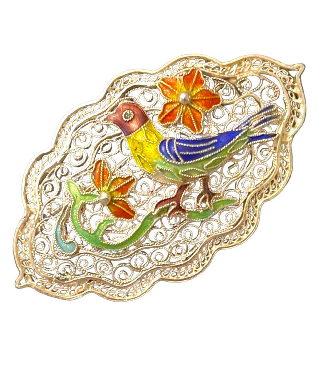 Antique Silver Chinese export filagree cloissone Bird brooch enameled RARE
