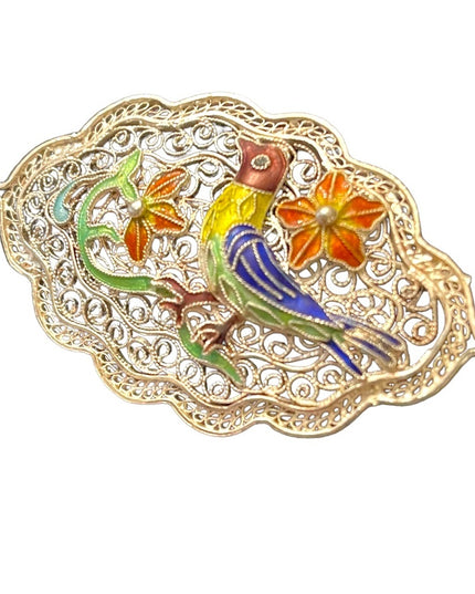Antique Silver Chinese export filagree cloissone Bird brooch enameled RARE