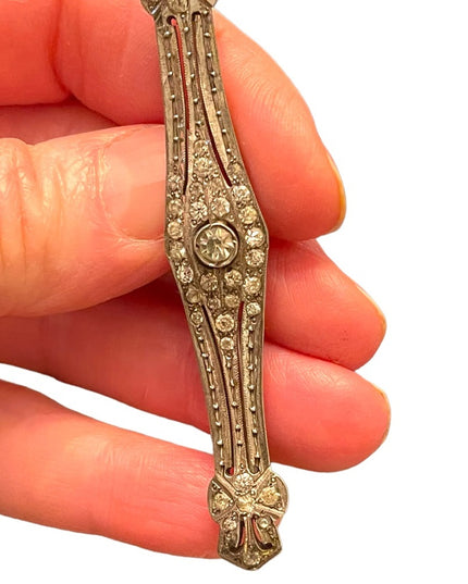 Antique Sterling Art Deco silver finish rhinstone CZ glass fancy bar brooch