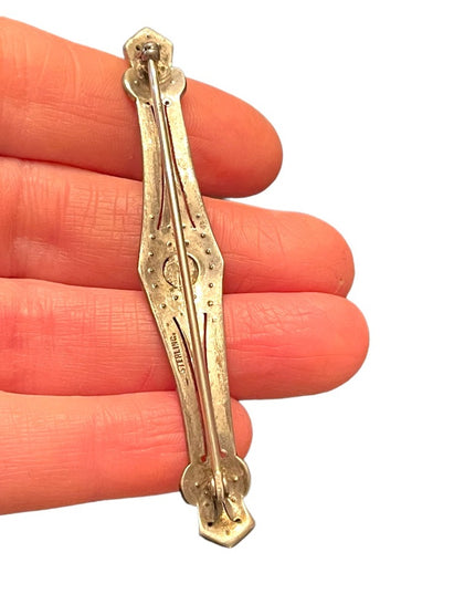 Antique Sterling Art Deco silver finish rhinstone CZ glass fancy bar brooch