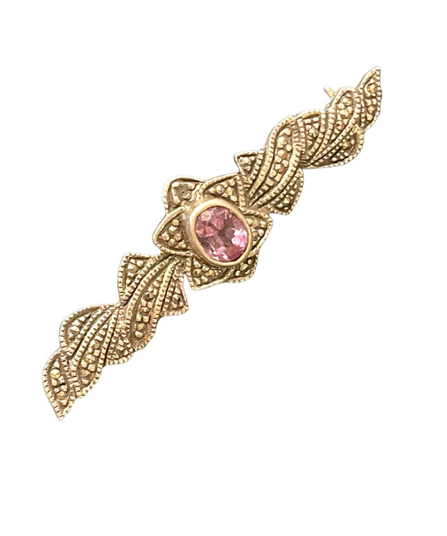 Vintage sterling silver 925 Amethyst marcasite fabcy leaf bar brooch