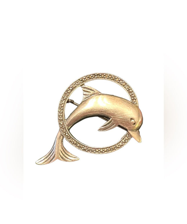 Super Sterling silver 925 Dolphin swimming brooch marcasite